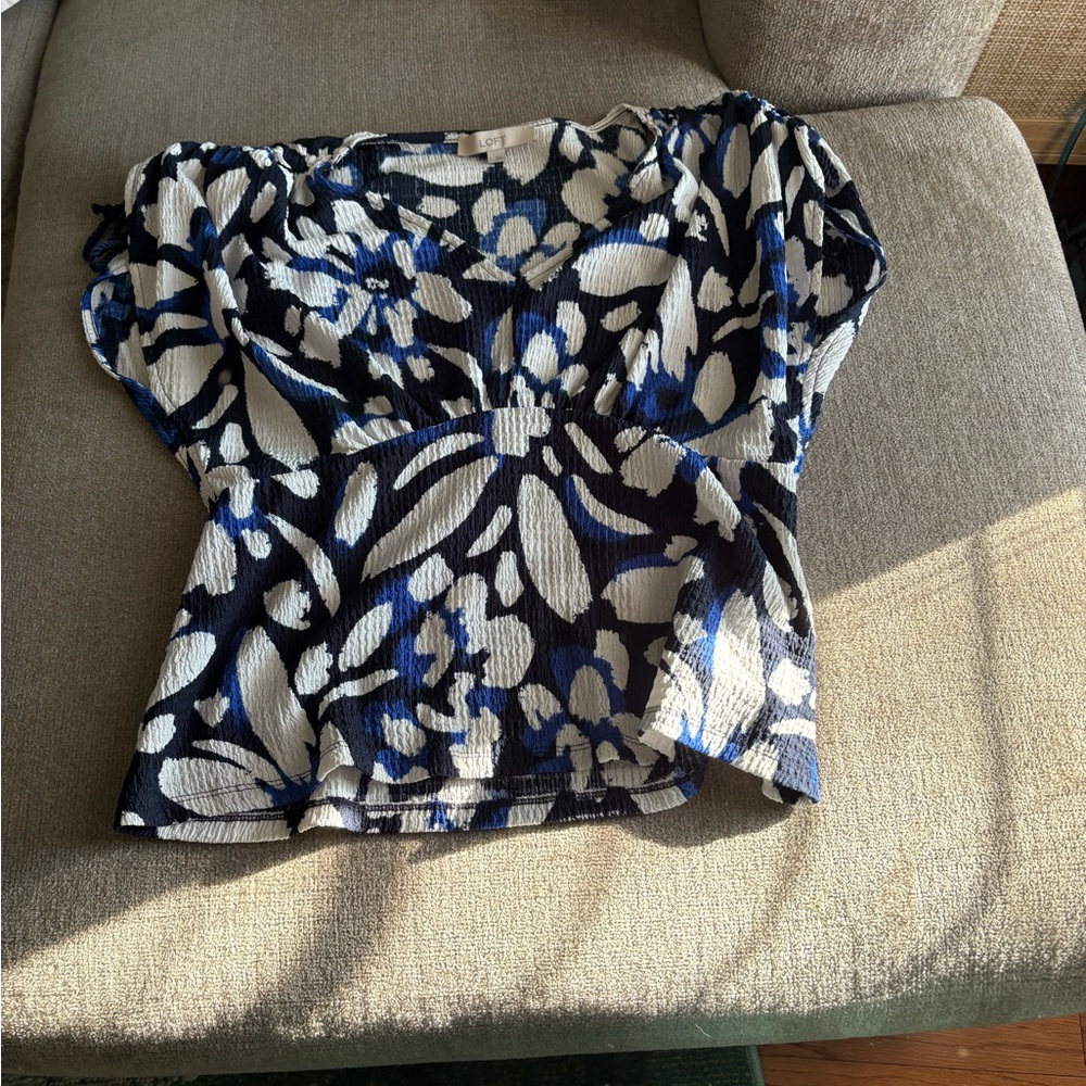 LOFT Navy and Cream Floral Blouse